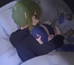  2girls bee blanket blue_hair bug carrot closed_eyes commentary eel eggplant gomiyama green_hair gumi hairband highres hood hoodie hug insect long_hair looking_at_another looking_down lying multiple_girls on_side otomachi_una pillow short_hair_with_long_locks sleeping smile vocaloid 