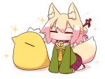  1girl all_fours animal_ear_fluff animal_ears bangs bell bell_collar bird blonde_hair blush brown_footwear chibi closed_eyes collar eyebrows_visible_through_hair fox_ears fox_girl fox_tail full_body green_shirt hair_between_eyes hair_bun hair_ornament jingle_bell kemomimi-chan_(naga_u) long_hair long_sleeves naga_u neckerchief no_mouth orange_neckwear original pleated_skirt purple_skirt shadow shirt simple_background skirt sleeves_past_fingers sleeves_past_wrists sparkle_background tail white_background white_legwear 