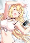  1girl arm_up armpits bare_arms bare_shoulders bed_sheet breasts cellphone choker closed_eyes crop_top drooling facing_viewer front-tie_top h_(2de1flf8) hand_up highleg highres hoshikawa_sara large_breasts long_hair lying midriff navel nijisanji on_back open_mouth phone shirt sleeping sleeveless sleeveless_shirt smartphone smile solo translation_request virtual_youtuber white_shirt 