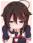  1girl ahoge blue_eyes braid brown_hair food hair_flaps hair_ornament highres kantai_collection pocky pocky_day shigure_(kantai_collection) single_braid solo yoriha_yashiro 