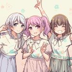  3girls :d ^_^ arms_up ayasaka bang_dream! bangs blue_eyes blue_skirt braid brown_hair closed_eyes commentary_request double_v floral_print grin hata_sawako long_hair looking_at_viewer maeshima_ami maruyama_aya multiple_girls nakagami_ikumi neck_ribbon open_mouth photo-referenced pink_eyes pink_hair pink_skirt print_shirt ribbon ribbon-trimmed_shirt seiyuu_connection shirt short_hair short_sleeves skirt smile striped twin_braids twintails v vertical-striped_skirt vertical_stripes wakamiya_eve white_hair yamato_maya 