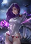  1girl blondynkitezgraja clouds cloudy_sky colored_pencil_(medium) dc_comics energy gloves long_hair looking_at_viewer purple_hair raven_(dc) signature sky solo teen_titans traditional_media upper_body violet_eyes watermark web_address 