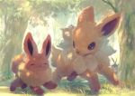  ^_^ closed_eyes commentary day eevee forest gen_1_pokemon jolteon manino_(mofuritaionaka) nature no_humans pokemon pokemon_(creature) signature symbol_commentary 