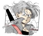  1boy arms_at_sides black_shirt border close-up closed_mouth clouds cloudy_sky collar_up collared_jacket commentary_request denim denim_jacket dragon_ball dragon_ball_z expressionless face fenyon floating_hair frown grey_eyes grey_hair jacket looking_at_viewer male_focus mountain outdoors pectorals rock shaded_face shirt simple_background sky sword thank_you trunks_(future)_(dragon_ball) twitter_username upper_body weapon white_background white_border 
