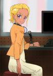  1girl amamiya_erena blonde_hair blouse dark_skin dress from_behind haruyama_kazunori long_sleeves looking_at_viewer looking_back microphone mole mole_under_eye orange_blouse precure short_hair sitting solo star_twinkle_precure violet_eyes yellow_dress 