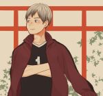  1boy brown_eyes closed_mouth commentary_request crossed_arms grey_hair haikyuu!! jacket jacket_on_shoulders kita_shinsuke laugh_111 leaf looking_to_the_side male_focus multicolored_hair short_hair solo sportswear torii track_jacket two-tone_hair volleyball_uniform 