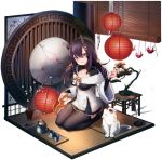  1girl azur_lane bamboo_screen bell black_hair black_legwear blush bonsai branch breasts brown_eyes cat eyebrows_visible_through_hair flower hair_bell hair_between_eyes hair_ornament hairclip highres horns jingle_bell lantern large_breasts long_hair looking_at_viewer mimikaki nagara_(azur_lane) nagara_(relaxing_spring_day)_(azur_lane) official_art ootsuki_momiji paper_lantern seiza sitting skirt smile solo tatami thigh-highs transparent_background twintails vase 