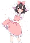  1girl alternate_costume animal_ears blush bow bright_pupils commentary_request dress feet_out_of_frame floral_background gloves grin hair_between_eyes hair_bow high_collar highres inaba_tewi kneehighs leaning_back lifted_by_self looking_at_viewer petticoat pin pinafore_dress pink_bow pink_dress puffy_short_sleeves puffy_sleeves rabbit_ears red_eyes shirt short_sleeves skirt skirt_lift smile solo standing touhou tsukimirin uneven_eyes white_background white_gloves white_legwear white_pupils white_shirt 