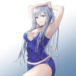  1girl ak-12_(girls_frontline) breasts defy_(girls_frontline) girls_frontline hand_in_hair hand_up highres long_hair looking_at_viewer shorts silver_hair simple_background solo sportswear talnory violet_eyes white_background 