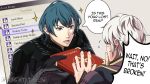 2girls amazingartistyellow arm_guards armor artist_name blue_eyes blue_hair book byleth_(fire_emblem) byleth_eisner_(male) english_commentary english_text fire_emblem fire_emblem:_three_houses fire_emblem_awakening flying_sweatdrops gameplay_mechanics hands_up highres holding holding_book looking_at_another male_focus multiple_girls open_mouth pink_background robin_(fire_emblem) robin_(fire_emblem)_(male) shoulder_armor silver_hair simple_background sparkle speech_bubble super_smash_bros. sweatdrop upper_body v-shaped_eyebrows
