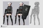  1girl ammunition belt breast_pocket breasts commentary_request earpiece english_commentary fingerless_gloves girls_frontline gloves grey_shirt gun hair_ribbon highres holster italian_flag knee_pads large_breasts load_bearing_equipment pocket ponytail pouch red_eyes ribbon riot_shield shield shirt shoes shorts shotgun shotgun_shells sneakers spas-12 spas-12_(girls_frontline) terras thigh-highs weapon white_hair zettai_ryouiki 