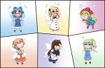  &gt;_&lt; 6+girls :i =_= american_flag_legwear american_flag_shirt apron bangs beret blonde_hair blue_dress blue_footwear blue_hair blue_skirt blue_vest blunt_bangs bow bowtie brown_hair chestnut_mouth chibi cirno clownpiece commentary_request cravat crying daiyousei dress drill_hair eighth_note fairy_wings flying_teardrops green_hair hair_bow hair_ribbon hand_on_own_chin hand_on_own_forehead hands_in_hair hands_on_hips hands_on_own_face hat headdress jester_cap laughing leaning_forward long_hair looking_down luna_child mary_janes multiple_girls musical_note open_mouth pantyhose pinafore_dress pout puffy_short_sleeves puffy_sleeves rakugaki-biyori red_neckwear red_shirt red_skirt redhead ribbon shirt shoes short_hair short_sleeves side_ponytail skirt smile smirk solid_oval_eyes split_screen standing star_sapphire sunny_milk tears touhou two_side_up very_long_hair vest waist_apron white_dress white_headwear white_legwear white_shirt wings yellow_neckwear 