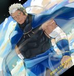  1boy bara blue_cape cape clenched_hand copyright_name dark_skin dark_skinned_male highres hiraga0613 looking_at_viewer male_focus muscle outdoors pixiv_fantasia_age_of_starlight pointy_ears scar sleeveless solo white_hair yellow_eyes 