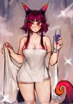  1girl absurdres artist_name bangs breasts champagne_flute collarbone commentary cowboy_shot cup drinking_glass english_commentary highres holding holding_cup horns large_breasts matilda_fiship naked_towel original pink_hair red_eyes red_nails short_hair_with_long_locks sidelocks sketch solo tail towel wet wet_hair 