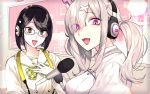  2girls asymmetrical_bangs bangs black_hair bow bowtie buttons collar collarbone eyebrows_visible_through_hair glasses hair_ornament hairclip headphones kotobuki_(medetai) long_hair long_sleeves looking_at_viewer microphone multicolored_bow multiple_girls nijisanji open_mouth pink_eyes seto_miyako short_hair straight_hair striped striped_bow striped_neckwear sukoya_kana tongue tongue_out twintails upper_body virtual_youtuber white_hair 