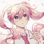  1girl bangs collared_shirt eyebrows_visible_through_hair floating_hair flower hair_between_eyes hair_flower hair_ornament hatsune_miku long_hair nanase_(7749222) parted_lips petals pink_eyes pink_hair pink_neckwear portrait sakura_miku shiny shiny_hair shirt sleeveless sleeveless_shirt solo twintails very_long_hair vocaloid white_background white_flower white_shirt wing_collar 