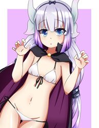  1girl absurdres bikini blue_eyes blush border breasts cape collarbone dragon_girl dragon_horns eyebrows_visible_through_hair groin hair_bobbles hair_ornament hairband highres horns kanna_kamui kobayashi-san_chi_no_maidragon long_hair navel open_mouth puredakrness500 purple_background purple_hair shiny shiny_hair shiny_skin side-tie_bikini simple_background small_breasts solo standing swimsuit swimwear white_bikini white_border 