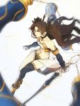  1girl 2018 absurdres brown_hair dated earrings elbow_gloves fate/grand_order fate_(series) gloves highres hoop_earrings ishtar_(fate)_(all) ishtar_(fate/grand_order) jewelry long_hair looking_at_viewer red_eyes single_thighhigh sol_ferrari solo sword thigh-highs thighs twintails weapon white_background 