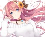  1girl ahoge black_choker blue_eyes blush breasts brown_hairband choker closed_mouth commentary flower hair_flower hair_ornament hairband hands_up kuroi_(liar-player) long_hair long_sleeves medium_breasts megurine_luka off-shoulder_sweater off_shoulder orange_flower petals pink_hair sleeves_past_wrists smile solo sunflower sunflower_hair_ornament sweater twitter_username upper_body vocaloid white_background white_sweater 