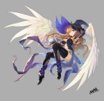  1girl angel_wings arm_up arm_warmers armpits black_gloves black_headwear black_legwear blonde_hair blue_eyes breasts cape commentary_request feathered_wings full_body gloves grey_background grin hat high_heels holding large_breasts long_hair looking_at_viewer loose_socks mag_(mag42) midriff original revealing_clothes simple_background smile solo thigh-highs wavy_hair wings witch_hat 