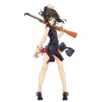  1girl alternate_costume assault_rifle bangs black_footwear black_hair brown_eyes china_dress chinese_clothes dress from_behind full_body girls_frontline gun hair_bun hair_ornament hair_ribbon holding holding_gun holding_weapon legs long_hair looking_at_viewer looking_back official_art open_mouth ribbon rifle shoes short_sleeves smile solo standing tomato_(lsj44867) transparent_background type_63_assault_rifle type_63_assault_rifle_(girls_frontline) weapon white_ribbon wind 