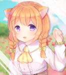  1girl :d animal_ear_fluff animal_ears ascot bangs blurry blurry_background blush bow braid brown_hair caramel_(caramelmilk) center_frills collared_shirt commentary_request depth_of_field eyebrows_visible_through_hair frills green_bow hair_bow hand_up long_sleeves looking_at_viewer open_mouth original shirt smile solo twin_braids upper_body violet_eyes white_shirt yellow_neckwear 