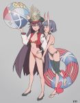  2girls absurdres bikini black_hair fate/grand_order fate_(series) hat highres innertube jacket kiritzuguart legs long_hair multiple_girls oda_nobunaga_(fate)_(all) oda_nobunaga_(swimsuit_berserker)_(fate) oni_horns open_mouth purple_hair red_eyes short_hair shuten_douji_(fate/grand_order) skin-covered_horns swimsuit very_long_hair violet_eyes 