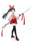  1girl :o absurdres bangs black_hair blunt_bangs bow brown_eyes detached_sleeves food_fantasy hair_bow highres naginata petals polearm red_bow red_skirt skirt solo standing sushi_(food_fantasy) thigh-highs transparent_background uni_sirasu weapon wide_sleeves 