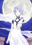  1girl breasts closed_mouth dress ico looking_at_viewer moon see-through short_hair silver_hair smile solo tasuke white_dress yorda 