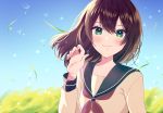  1girl blurry blurry_background blush brown_hair day grass green_eyes hand_up highres long_hair long_sleeves original outdoors school_uniform seed smile solo uni_sirasu 