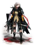  1girl absurdres assault_rifle bangs blonde_hair blood boots braid breasts cloak expressionless eyepatch full_body girls_frontline gloves gun highres holding holding_gun holding_weapon huge_filesize jacket knee_pads long_hair looking_at_viewer m16a1 m16a1_(girls_frontline)_(boss) mole mole_under_eye multicolored_hair nlitz rifle sangvis_ferri scar scarf shirt skirt solo streaked_hair untucked_shirt walkie-talkie weapon white_hair white_shirt yellow_eyes 