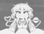  1girl english_commentary green_hair greyscale hands_on_own_face heart highres komeiji_koishi monochrome no_hat no_headwear normkoto smile table third_eye touhou wide_sleeves 