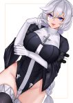  1girl absurdres arm_under_breasts bangs black_dress blue_eyes braid breasts cross dress dutch_angle elbow_gloves eyebrows_visible_through_hair gloves hair_between_eyes highres honkai_(series) honkai_impact_3rd kallen_kaslana large_breasts lips long_hair long_sleeves looking_at_viewer no_panties noise_paper nun open_mouth pelvic_curtain silver_hair single_braid smile solo thigh-highs very_long_hair white_gloves wide_sleeves 