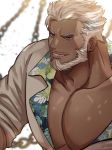  1boy aegir_(tokyo_houkago_summoners) alternate_costume bara beard blue_eyes brk_603 chest commentary_request dark_skin dark_skinned_male facial_hair highres korean_commentary looking_at_viewer male_focus muscle open_clothes open_shirt pectorals shirt short_sleeves simple_background smile smirk solo tokyo_houkago_summoners white_hair 