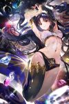  a2ki armlet arms_up asymmetrical_legwear black_hair black_ribbon breasts fate/grand_order fate_(series) gem hair_ribbon highres ishtar_(fate)_(all) ishtar_(fate/grand_order) jewelry long_hair looking_at_viewer medium_breasts midriff navel parted_lips red_eyes ribbon shiny shiny_clothes single_thighhigh smile solo space teeth thigh-highs toned twintails 
