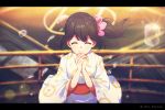  1girl absurdres amano_hina_(tenki_no_ko) black_hair closed_eyes droplets facing_viewer hands_together hands_up highres interlocked_fingers japanese_clothes kimono pink_scrunchie praying railing scrunchie side_ponytail solo tenki_no_ko twitter_username uni_sirasu white_kimono wide_sleeves yukata 