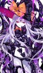  1girl :d abigail_williams_(fate/grand_order) artist_name black_headwear black_panties bow commentary cowboy_shot fate/grand_order fate_(series) hat hat_bow highres holding lavender_hair long_hair looking_at_viewer navel open_mouth orange_bow panties pink_eyes revealing_clothes sheya signature smile solo standing stomach symbol_commentary thighs underwear very_long_hair witch_hat 