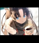  1girl black_border black_hair blue_eyes border coffee coffee_mug cup fate/stay_night fate_(series) highres letterboxed long_hair mug sama toosaka_rin twintails 