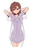  1girl arms_behind_head arms_up blush brown_eyes brown_hair closed_mouth commentary_request cowboy_shot highres hirakuneko misaka_mikoto no_pants print_shirt see-through_silhouette shirt short_hair short_sleeves simple_background solo to_aru_kagaku_no_railgun to_aru_majutsu_no_index v-shaped_eyebrows white_background white_shirt 