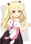  1girl bangs bare_shoulders black_dress blonde_hair blue_eyes blush boku_wa_tomodachi_ga_sukunai collarbone commentary_request dress eyebrows_visible_through_hair hasegawa_kobato heterochromia highres jampen long_hair open_mouth red_eyes solo stuffed_animal stuffed_bunny stuffed_toy twintails two_side_up 
