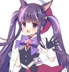  1girl :d animal_ear_fluff animal_ears bangs bare_shoulders black_gloves black_shirt blunt_bangs blush bow frilled_skirt frills gloves hat keyhole kirihara_kasumi looking_at_viewer mauve multicolored_hair open_mouth princess_connect! princess_connect!_re:dive purple_bow purple_hair red_headwear red_skirt shirt simple_background skirt sleeveless sleeveless_shirt smile solo spade_(shape) twintails two-tone_hair violet_eyes white_background 