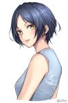  1girl absurdres bangs blue_hair blue_shirt cropped_torso from_side hayami_kanade highres idolmaster idolmaster_cinderella_girls idolmaster_cinderella_girls_starlight_stage looking_at_viewer parted_bangs parted_lips shiny shiny_hair shirt short_hair simple_background sleeveless sleeveless_shirt smile solo su77sty twitter_username upper_body white_background yellow_eyes 