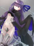  1girl aito armored_boots blue_ribbon boots breasts commentary_request crotch_plate fate/grand_order fate_(series) hair_ribbon highres long_hair looking_at_viewer meltryllis navel purple_hair ribbon simple_background sleeves_past_wrists smile solo under_boob very_long_hair 