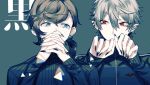 2boys asymmetrical_bangs bangs black_jacket black_nails black_sweater blue_eyes brown_hair clenched_hand collar collared_jacket covered_mouth ear_piercing eyebrows_visible_through_hair fingernails grey_background hand_on_own_head jacket kanae_(nijisanji) kotobuki_(medetai) kuzuha_(nijisanji) long_hair long_sleeves looking_at_viewer low_ponytail male_focus mole mole_under_eye multiple_boys nijisanji piercing red_eyes sharp_fingernails short_hair simple_background sleeves_past_wrists sweater track_jacket turtleneck turtleneck_sweater upper_body virtual_youtuber