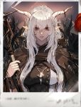  1girl arknights breasts brown_eyes cloak hair_between_eyes holding holding_weapon horns jewelry long_hair necklace parted_lips pointy_ears ponytail ryuuzaki_ichi shining_(arknights) silver_hair solo very_long_hair weapon 