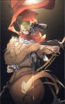  2boys achilles_(fate) armor bow_(weapon) brown_hair centaur chiron_(fate) fate/apocrypha fate_(series) fighting gauntlets green_hair highres long_hair low-tied_long_hair male_focus multiple_boys no-kan polearm scarf spear spiky_hair weapon 