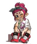  1girl ;) bandana black_shorts blue_eyes grin highres looking_at_viewer nishikuromori octarian octoling one_eye_closed pink_hair ponytail red_footwear shirt shoes short_hair short_sleeves shorts simple_background smile sneakers solo splatoon_(series) splatoon_2 suction_cups t-shirt teeth tentacle_hair white_background white_shirt 