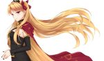  1girl bangs black_dress black_nails black_sleeves blonde_hair blurry_foreground bow cape detached_sleeves diadem dress earrings ereshkigal_(fate/grand_order) floating_hair from_side hair_bow highres jewelry long_hair long_sleeves nail_polish petals print_cape red_bow red_cape red_eyes rko_(a470350510) shiny shiny_hair sleeveless sleeveless_dress solo standing striped striped_dress twintails very_long_hair white_background 