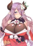  1girl black_bow black_gloves blue_eyes blush bow braid breasts closed_mouth draph fang fang_out fur_trim gloves granblue_fantasy hair_bow hair_ornament hair_over_one_eye hand_up heart heart-shaped_pupils horns kuavera large_breasts lips long_hair looking_at_viewer narmaya_(granblue_fantasy) pointy_ears pom_pom_(clothes) purple_hair simple_background single_braid smile snowman_hair_ornament solo symbol-shaped_pupils upper_body very_long_hair white_background 