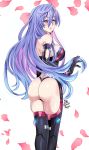  1girl ass bare_shoulders boots breasts elbow_gloves eyebrows_visible_through_hair from_behind gloves hair_between_eyes huge_breasts iris_heart kami_jigen_game_neptune_v leotard long_hair looking_at_viewer looking_back maroonabyss neptune_(series) power_symbol purple_hair red_eyes symbol-shaped_pupils thick_thighs thigh-highs thigh_boots thighs 